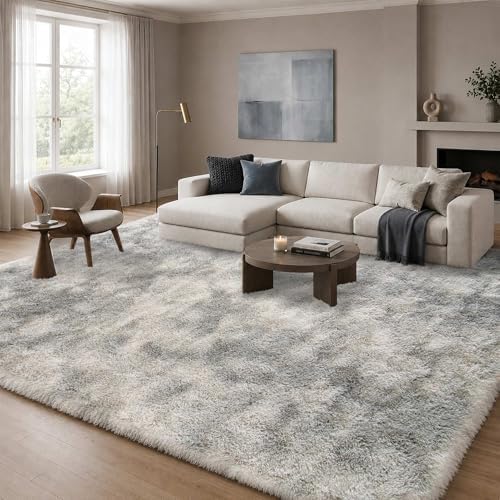 8x10 Ft Tie-Dyed Grey Fluffy Area Rug for Living Room, Washable by OHWPEAT