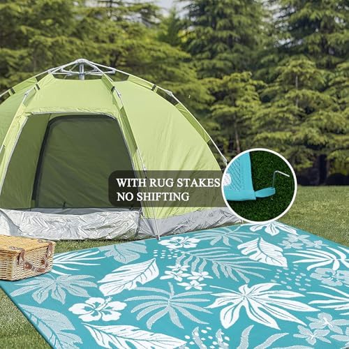 Pauwer Waterproof Outdoor Rug 9x12, Plastic Straw Patio Rug, Floral Teal - Image 6