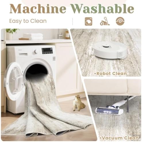 Washable Rug 9x12 Area Rugs for Living Room: Large Neutral Soft Rug Abstract Non Slip Low Pile Modern Carpet for Bedroom Kitchen Nursery Office Dining Room Indoor (Beige, 9'x12') - Image 3