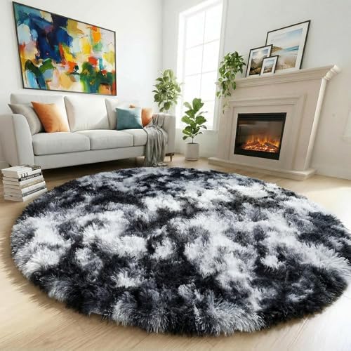Amdrebio Black White Grey Circle Area Rug 5Ft for Bedroom Living Room Dorm by Amdrebio