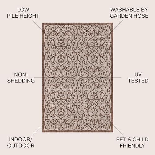 JONATHAN Y Vintage Filigree Indoor Outdoor Square Area Rug 5X5 Taupe/Espresso, Madrid Textured Weave for Backyard, Patio, Porch, Easy-Cleaning, High Traffic, Pet-Friendly, Non-Shedding (SMB107C-5SQ) - Image 2