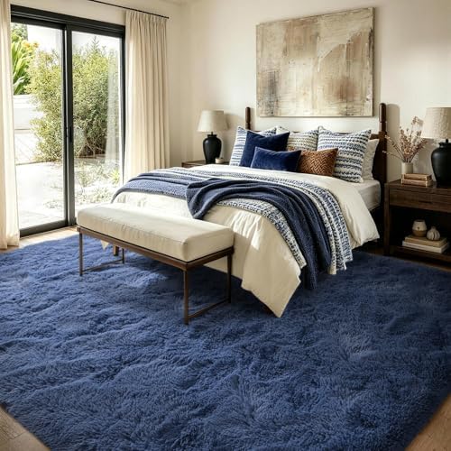 FinRèc Home 9x12 Non-Slip Fluffy Area Rugs for Living Room (Dark Blue) - Image 4