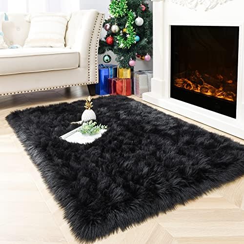 3x5 Black Faux Fur Area Rug Fluffy Soft Washable for Bedroom Entryway by ModernHomeDecor