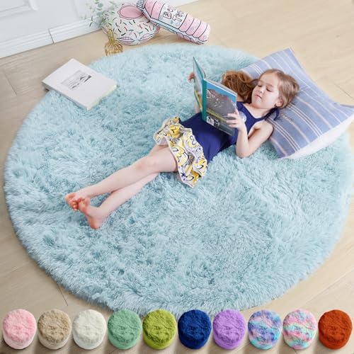 Amdrebio Light Blue Fuzzy Round Circle Area Rug 5Ft for Baby Kids Bedroom by Amdrebio