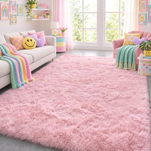 Pink Area Rugs for Girls Bedroom Living Room, Fluffy 4x6 Bedside Shag Rug by ONASAR