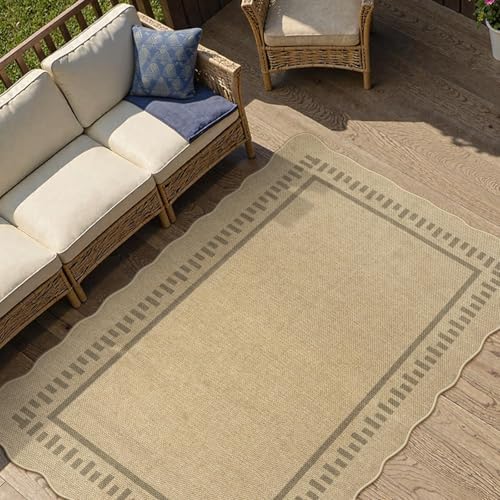 LIVEBOX Scalloped Washable 3x5 Outdoor Rug, Easy Jute Tan Rugs for Entryway Bedroom, Indoor Outdoor Non Slip Farmhouse Rugs for Patio Living Room, Geometric Carpet Front Door Mat for Porch Kitchen - Image 3