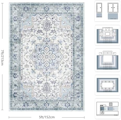 5x7 Area Rugs - Washable Rug Vintage Distress Boho Medallion Rugs for Living Room, Soft Non-Slip Backing Low Pile Carpet for Bedroom Dining Room Office Nursery Dorm Home, Blue Grey Purple - Image 2