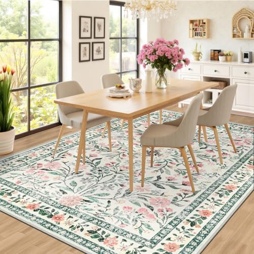 PLHXFR 6x9 Area Rug Living Room: Floral Washable Boho Carpet Green Beige - Image 6