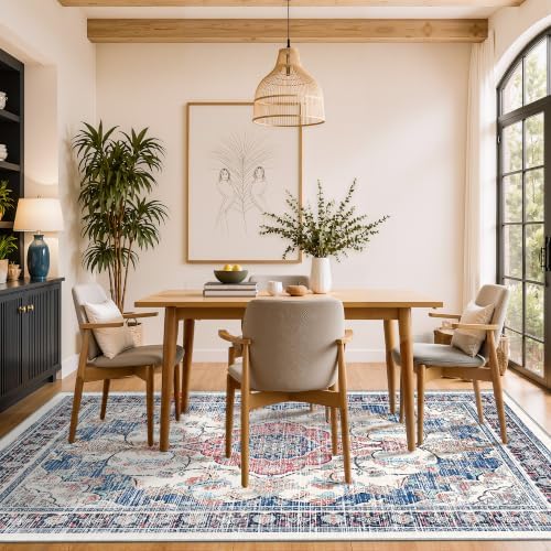 5x7 Area Rugs for Living Room, Boho Washable Non Slip Carpets, Dark Blue - Image 2