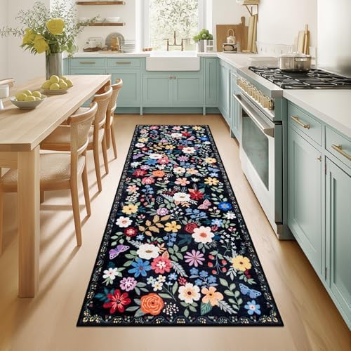 PLHXFR 2x6 Washable Runner Rug：Floral Indoor Kitchen Soft Carpet Black by PLHXFRSoftAreaRugs