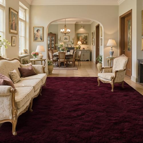 8x10 Area Rugs for Living Room Red Shag Fur Rug, Modern Non-Slip Soft Plush Carpets for Girls Woman Female Wedding Bedroom Home Décor Aesthetic Dark by Lo%CC%80utiRootHome