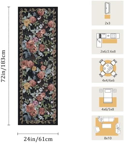 Washable 2x6 Runner Rug, Navy Boho Floral Non-Slip for Hallway, Kitchen - Image 2