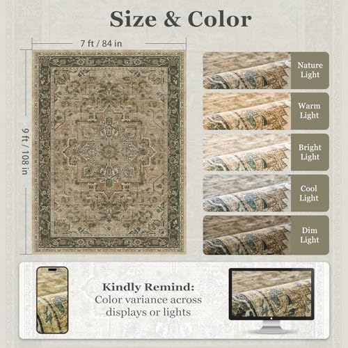 Retro 7x9 Area Rug for Living Room, Distressed Medallion Dining Room Rug Under Table, Washable Non Slip Thin Carpet Rugs for Bedroom Under Bed Home Office, Multi Brown/Olive - Image 2