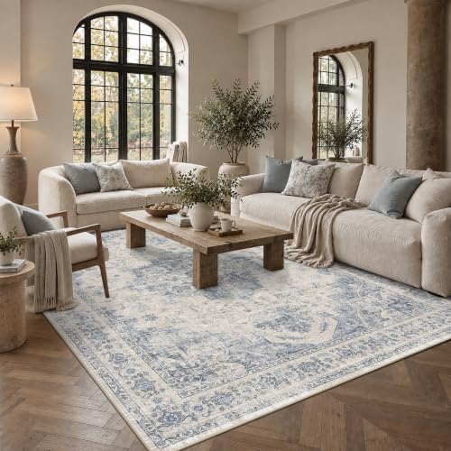 Washable 9x12 Bedroom Area Rug Soft Medallion Retro Blue Large Carpet by HOME