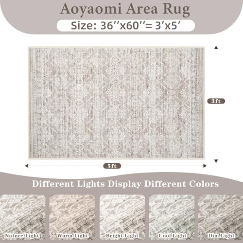 Area Rug 3x5 Geometric Rug: Washable Boho Moroccan Rugs Soft Farmhouse Rug, Modern Neutral Stain Resistant Indoor Floor Carpet for Livingroom Bedroom Dining Table Nursery(Ivory Mocha,3'x5') - Image 2