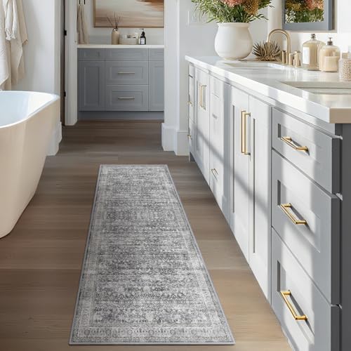 Grey 2x6 Runner Rug for Hallways Entryway, Vintage Neutral Kitchen Bathroom Runner 6ft, Non Slip Washable Low Pile Thin Carpet Runner for Mudroom/Laundry Room/Bedroom Bedside - Image 4