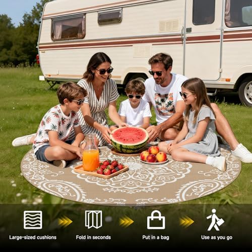 Pauwer Outdoor Rug 6ft, Waterproof Plastic Straw Camping Rug, Boho Brown - Image 5