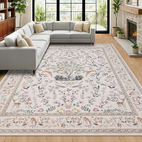 RCTJHOME 8x10 Beige Floral Nursery Kids Washable Area Rug Non-Slip Carpet - Image 3