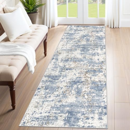 XLUEZ 2x8 Runner Rug for Hallway, Washable Modern Abstract Runner Rugs Neutral Soft Non Slip Kids Rug Stain Resistant Indoor Runners for Hallways Entryway Bedroom Kitchen Laundry Room(Blue, 2'x8') by XLUEZ