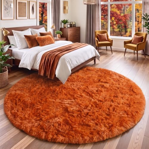 Amdrebio Burnt Orange Shag Plush Big Round Rug 6Ft for Bedroom Living Room by Amdrebio