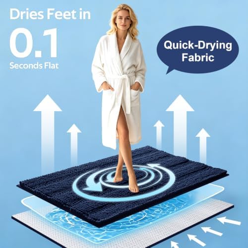 ACCUMTEK Striped Navy Blue Bathroom Rug Mat 32"x20" Ultra Soft, Non Slip Chenille Bath Rugs, Absorbent Plush Shaggy Bath Mats for Bathroom, Bedroom, Kitchen, Shower, Tub - Image 3