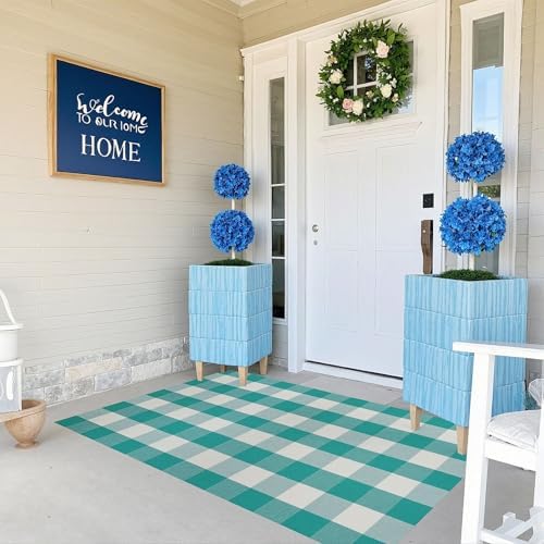 SEEKSEE Buffalo Plaid Outdoor Rug 3' x 5' Light Blue and White Front Door Mat, Layering Rug for Porch, Spring Summer Doormat, Front Porch Rug for Outdoor Entrance Entryway Patio Porch Decor - Image 3