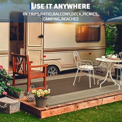 GAOMON Large Outdoor Camping Rug 9x18 Modern Bordered Reversible Outdoor Carpet Foldable Retro Plastic Straw Rug Portable Outside Patio Rugs Floor Mat for Porch, Beach, Balcony, Backyard,Border-Brown - Image 7