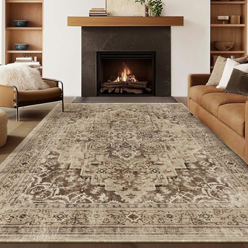 Distressed Brown Living Room Rug 6x9, Washable Non Slip Rug for Dining Room Under Table, Low Pile Thin Carpet Rugs for Den Bedrom Home Office, Vintage Medallion Earth Tone Taupe Brown Black by Jainmy