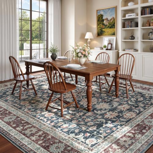 Lofus Washable Rugs for Living Room 9 x 12, Floral Navy Blue and Rust Red - Image 6