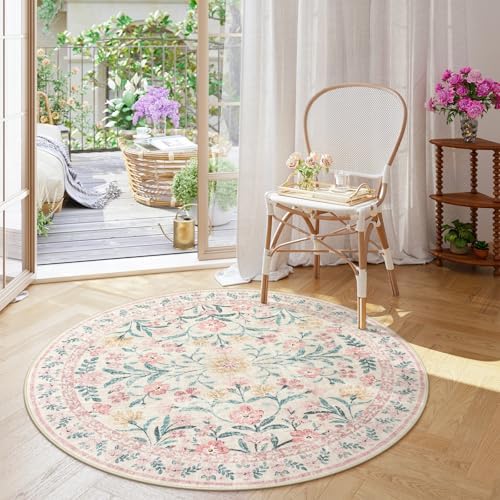 Wonnitar Washable Round Rugs 6ft, Pink Floral Circle Rug Large Round Carpet for Bedroom, Boho Soft Ultra-Thin Circular Carpets for Kids Playroom Living Room Nursery by Wonnitar