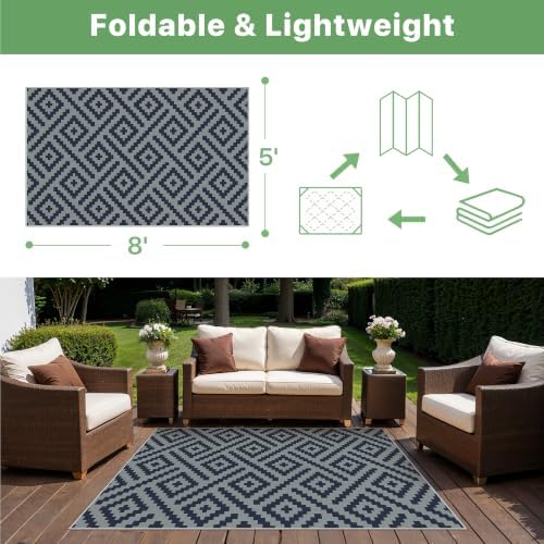GENIMO Outdoor Rug, Waterproof Plastic Rugs for Patio, 5'x8' Cloud Blue - Image 2