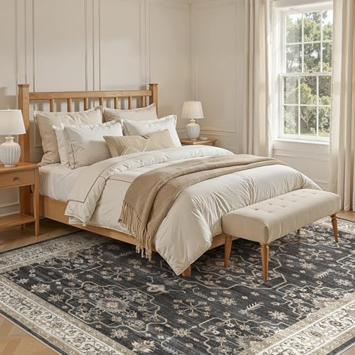 Area Rug for Living Room - 10x12 Soft Washable Oriental Vintage Floral Distressed Large Carpet - Fade Stain Resistant Non Slip Rugs for Bedroom Dining Room Nursery Dorm Office Home Decor - Black - Image 2