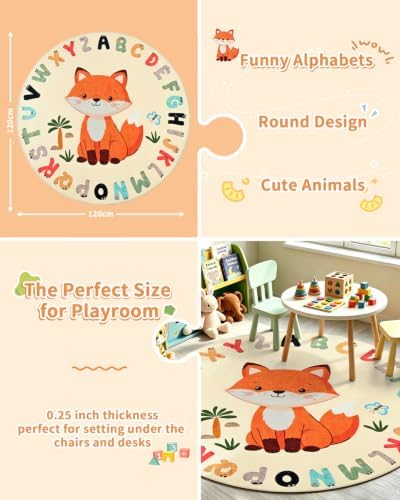 TWINNIS Kids Animal Print Round Rug for Playroom, Alphabet Washable Area Rugs for Boy Girl Baby Toddler Children, 4x4 Cute ABC Mat Play Carpet Nursery Bedroom Decor, Fox - Image 4