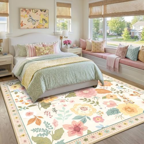 RELEANY Floral Washable Square 8ft Area Rug Beige/White/Orange - Image 6