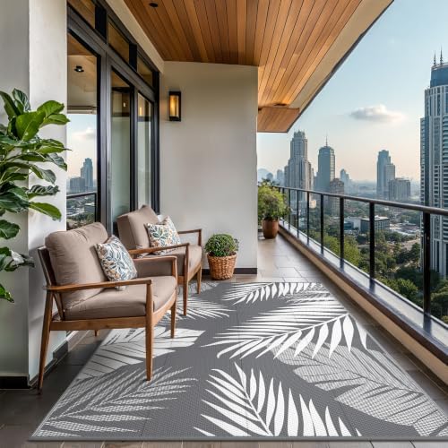 GENIMO Outdoor Rug, Waterproof Plastic Rugs for Patio, 9'x12' Grey White - Image 6