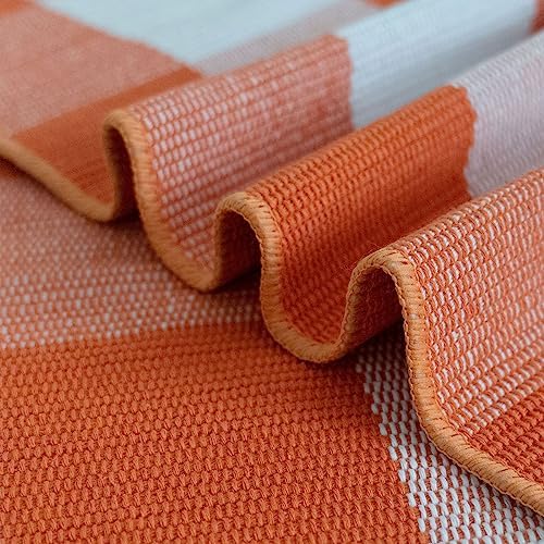 Fall Outdoor Rug Orange Buffalo Plaid Outdoor Rug Cotton Hand-Woven Buffalo Check Rug Layered Doormats for Front Door/Front Porch/Farmhouse/Entryway/Patio(Orange and White Plaid, 3' x 5') - Image 7