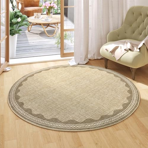 GarveeHome Scalloped Jute Print 4 ft Round Rug Washable Non-Slip Soft Ultra-Thin Small Circle Modern Cottage Core Solid Tan Carpet for Entryway Kitchen Bedroom Nursery Dining Room Tan by GarveeHome