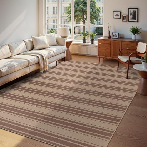 6x9 Striped Easy Jute Washable Outdoor Patio Rug for Living Room Indoor Outdoor Geometric Neutral Carpet for Backyard Patio Dining Room Office by Zeeinx