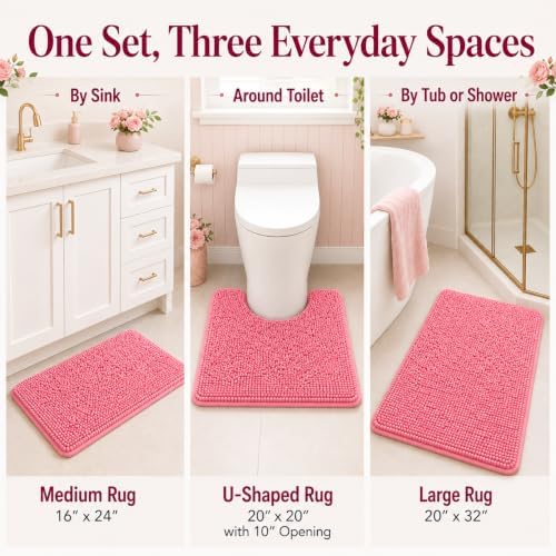 Bathroom Rugs Chenille Bath Mat Set 3-Piece Bath Rugs for Bathoom Extra Soft Bath Mats for Bathoom Non Slip Absorbent Shag Bthroom Carpet, Machine Washable, Toilet Rug Pink - Image 3