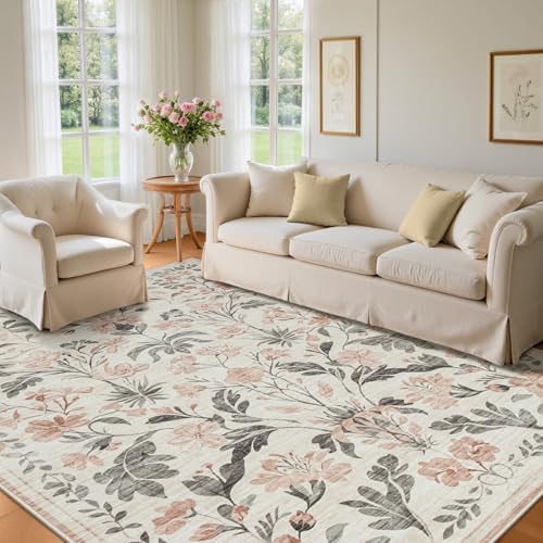 9x12 Area Rugs Boho Floral Washable Living Room Rug Neutral Carpet Bedroom - Image 2