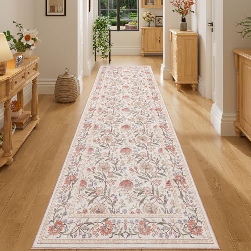 DUKINO 2.6x8 Runner Rug, Washable Vintage Floral Kitchen Runners Beige Pink by DUKINO