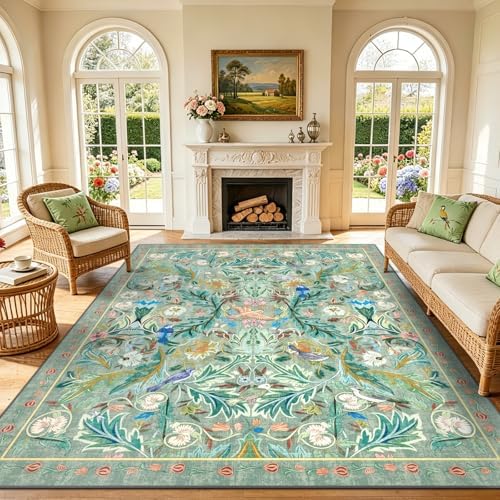nesrt Washable 8'x10' Living Room Area Rug, Boho Jungle Bird Floral Large Indoor Rug, Soft Non-Slip Decorative Rug for Dining Room, Bedroom, Home Study, Game Room and Farmhouse Decor (Green) by nesrt