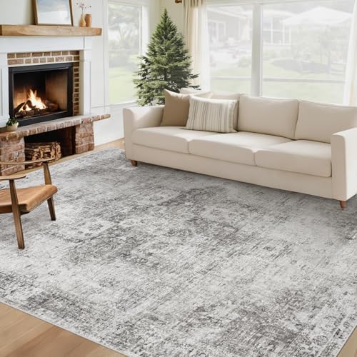 Area Rug 6x9 Washable Rug, Vintage Boho Medallion Rugs Non-Slip Soft Low Pile Large Distressed Rug Indoor Retro Carpet for Living Room Bedroom Dining Room Home Office (Grey, 6'x9') by VECARF
