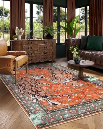 Moynesa Tiger 5x7 Area Rug, Boho Washable Living Room Rug, Non Slip Rugs for Bedroom, Ultra Thin Vintage Soft Stain Resistant Throw Floor Carpet for Office Dining Room, Rust - Image 6