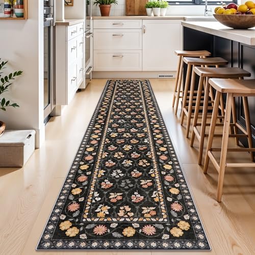 Washable Kitchen 2x10 Runner Rug: Non-Slip Long Hallway Entryway Rugs Indoor Low Pile Carpet for Bedroom Laundry Stain Resistant Vintage Soft Thin Floor Decor Mat for Bathroom (Floral/Black,2x10) - Image 2