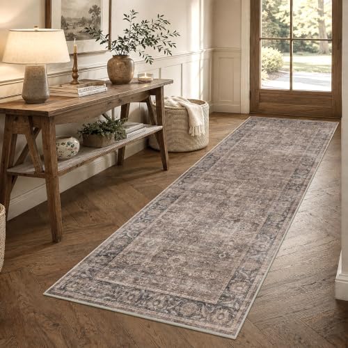 Washable 2.6x8 Kitchen Soft Runner Rug Retro Taupe Navy Throw Carpet by HOME