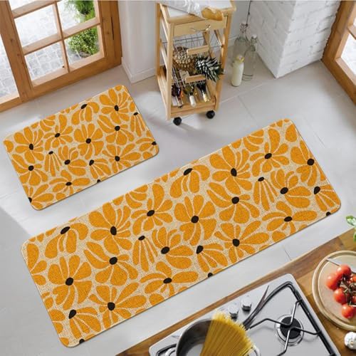 Spring Daisy Floral Kitchen Mats Decor, Yellow Retro Groovy Flower Power Kitchen Rugs Sets of 2, Vintage 1970s Floral Rug Home Decorations Indoor - Image 6