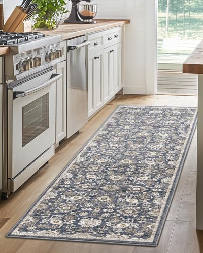 Amada 2x5 Washable Runner Rug for Kitchen, Blue/Brown, Vintage Pattern - Image 3