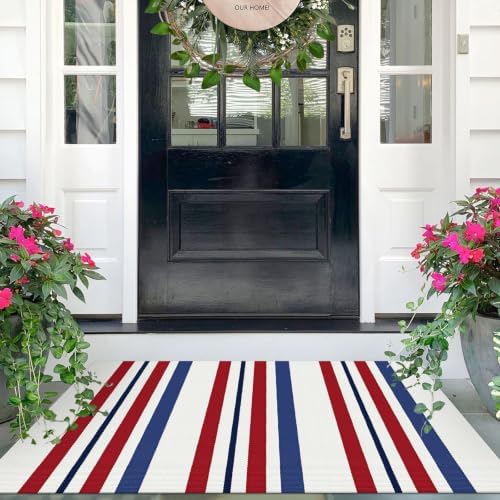 IOHOUZE Patriotic Striped Door Mat 2.3x3.6, Washable, Red White Blue by iOhouze