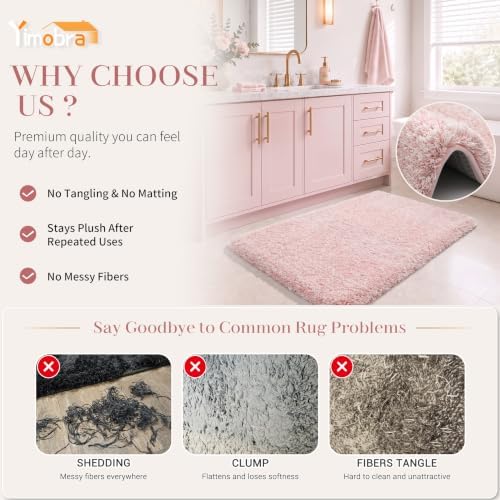 Yimobra Long Bathroom Rug 44x24, Fluffy Non Slip Bath Mat, Light Pink&White - Image 4